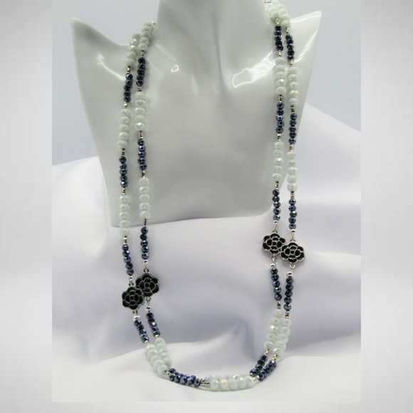 Long or Short White & Gunmetal Beaded Jewelry Set - Picture 2 of 6